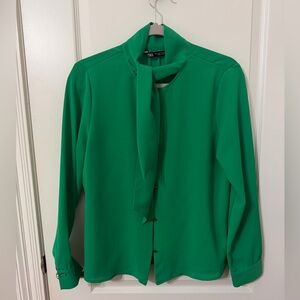 Zara Vibrant Green Tie-Neck Blouse - New Size S